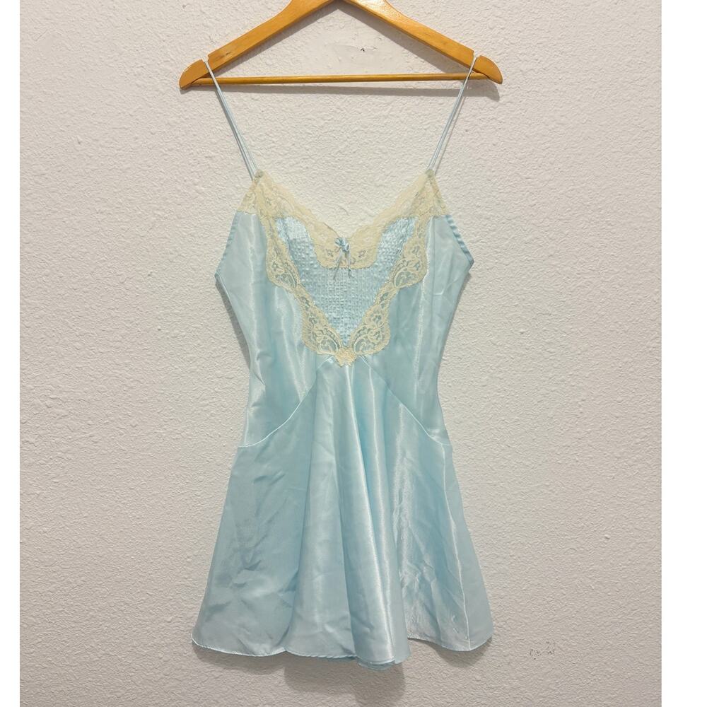 vintage 90s light blue slip dress chemise lingerie rosette coquette fairy glam